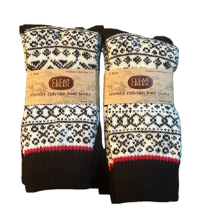Clear Creek Woman’s Black White Novelty Boots Socks 4 Pairs Shoe Size 5 to 9